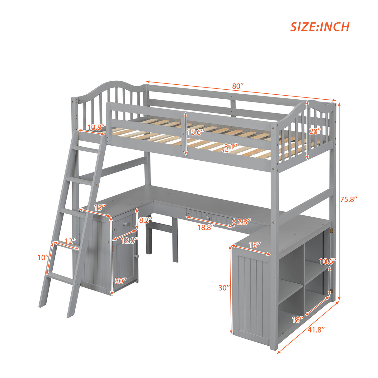 Twin size Loft Bed with Drawers, Cabinet, Shelves and Desk, Wooden Loft Bed with Desk - Gray(OLD SKU :LT000505AAE) - Home Elegance USA