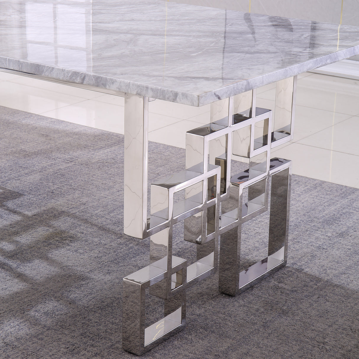 Contemporary Rectangular Marble Table, 0.71" Marble Top, Silver Mirrored Finish, Luxury Design For Home (78.7"x39.4"x29.9") - Home Elegance USA