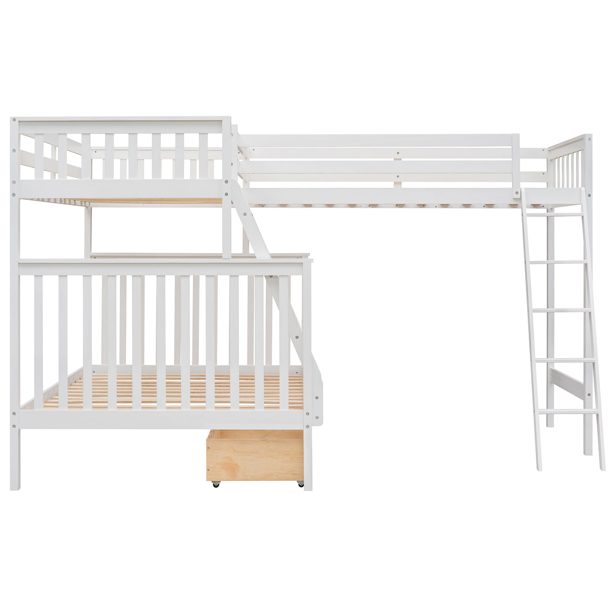 L-Shaped Twin over Full Bunk Bed and Twin Size Loft Bed with Two Storage Drawers,White - Home Elegance USA