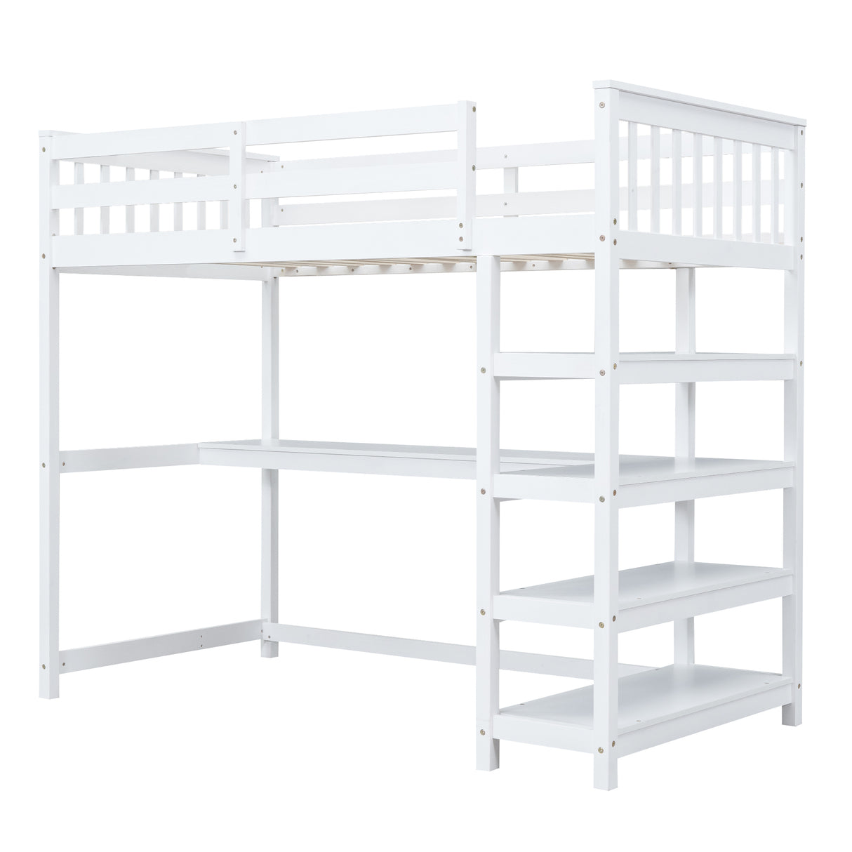 Twin Size Loft Bed with Storage Shelves and Under-bed Desk, White - Home Elegance USA