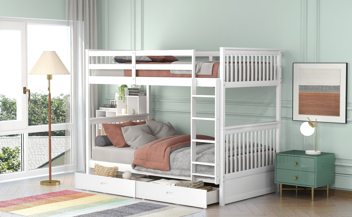 Twin-Over-Twin Bunk Bed with Ladders and Two Storage Drawers (White) - Home Elegance USA