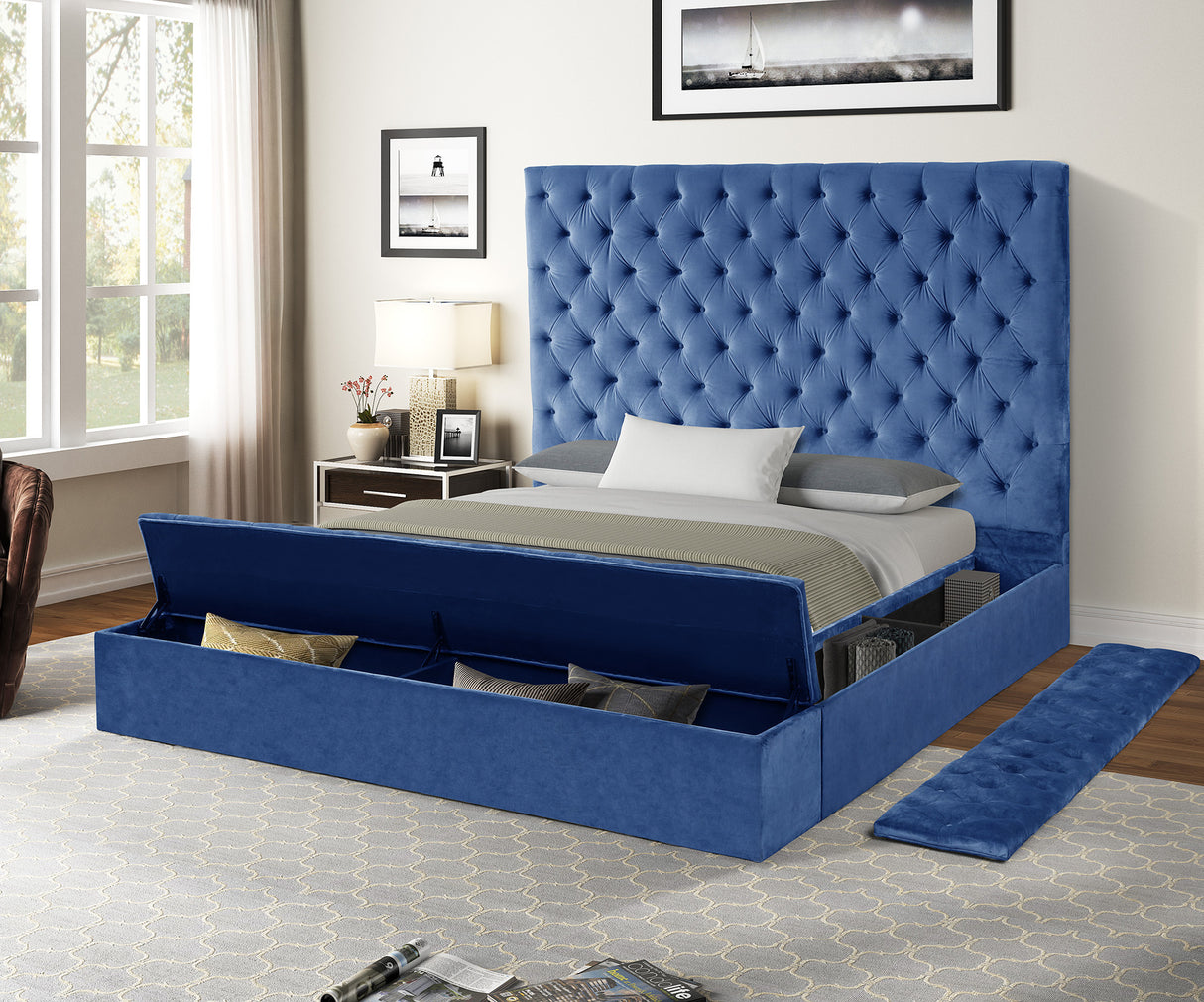 Nora Queen Size Tufted Upholstery Storage Bed made with Wood in Blue - Home Elegance USA