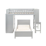 Twin Size Loft Bed with Closet and Desk, Extra Bottom Twin Bed, Grey - Home Elegance USA