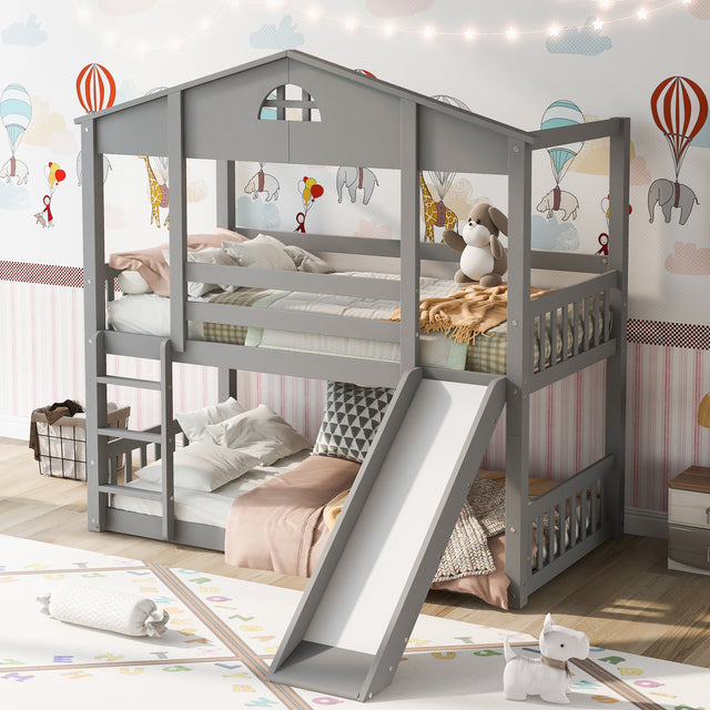 Twin over Twin House Bunk Bed with Convertible Slide and Ladder,Converts into 2 Separate Platform Beds,Gray - Home Elegance USA