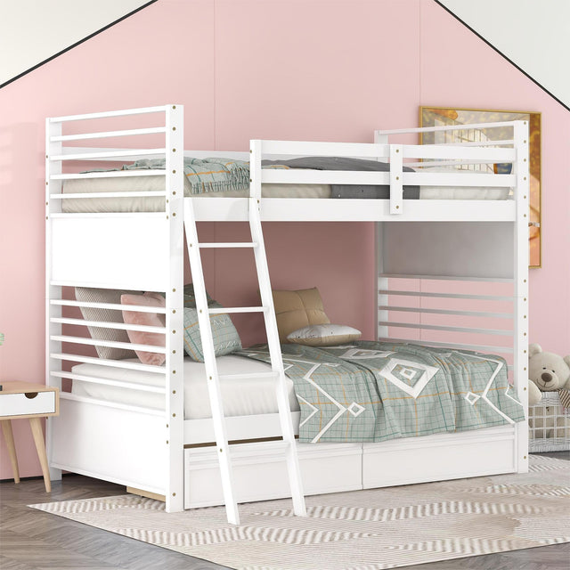 Twin over Twin Wood Bunk Bed with Two Drawers - White - Home Elegance USA