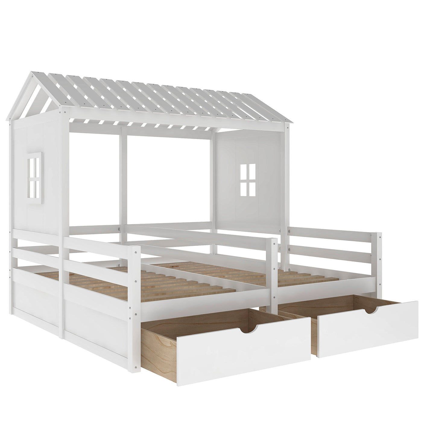 Twin Size House Platform Beds with Two Drawers for Boy and Girl Shared Beds, Combination of 2 Side by Side Twin Size Beds, White - Home Elegance USA