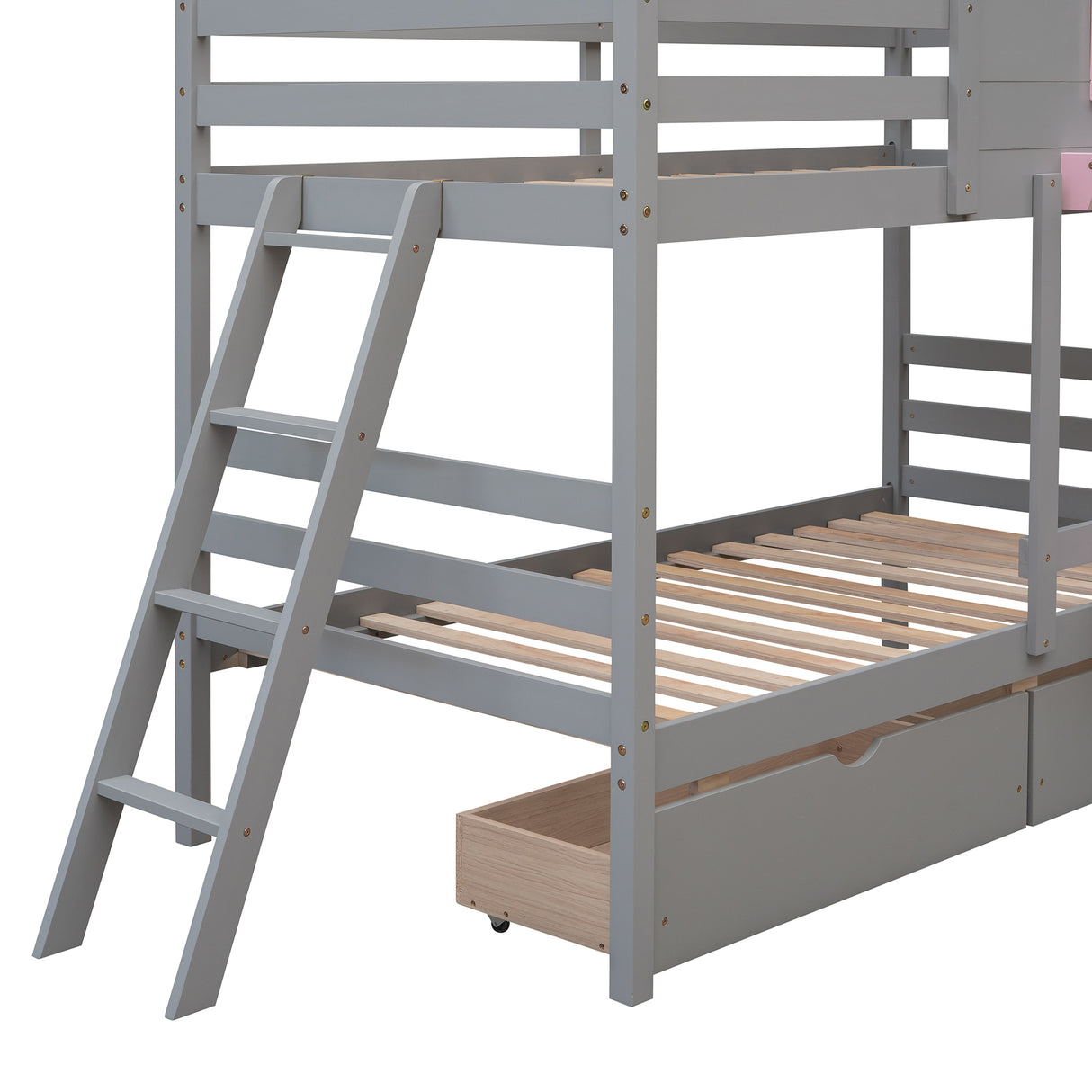 Twin over Twin Bunk Bed with 2 Drawers, 1 Storage Box, 1 Shelf, Window and Roof-Gray(OLD SKU:LT000608AAE) - Home Elegance USA