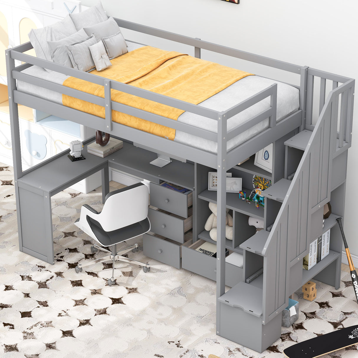 Twin Size Loft Bed with L-Shaped Desk and Drawers, Cabinet and Storage Staircase, Gray - Home Elegance USA