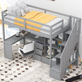 Twin Size Loft Bed with L-Shaped Desk and Drawers, Cabinet and Storage Staircase, Gray - Home Elegance USA