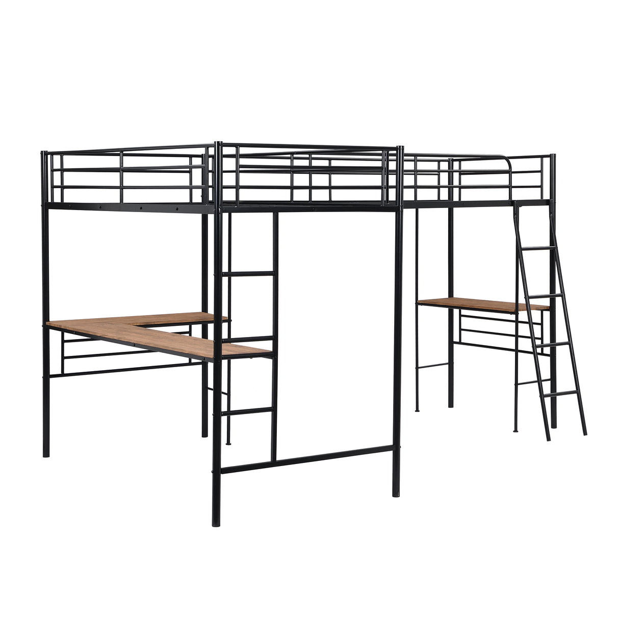 Twin Size Metal Loft Bed with Two Built-in Desks,Black - Home Elegance USA