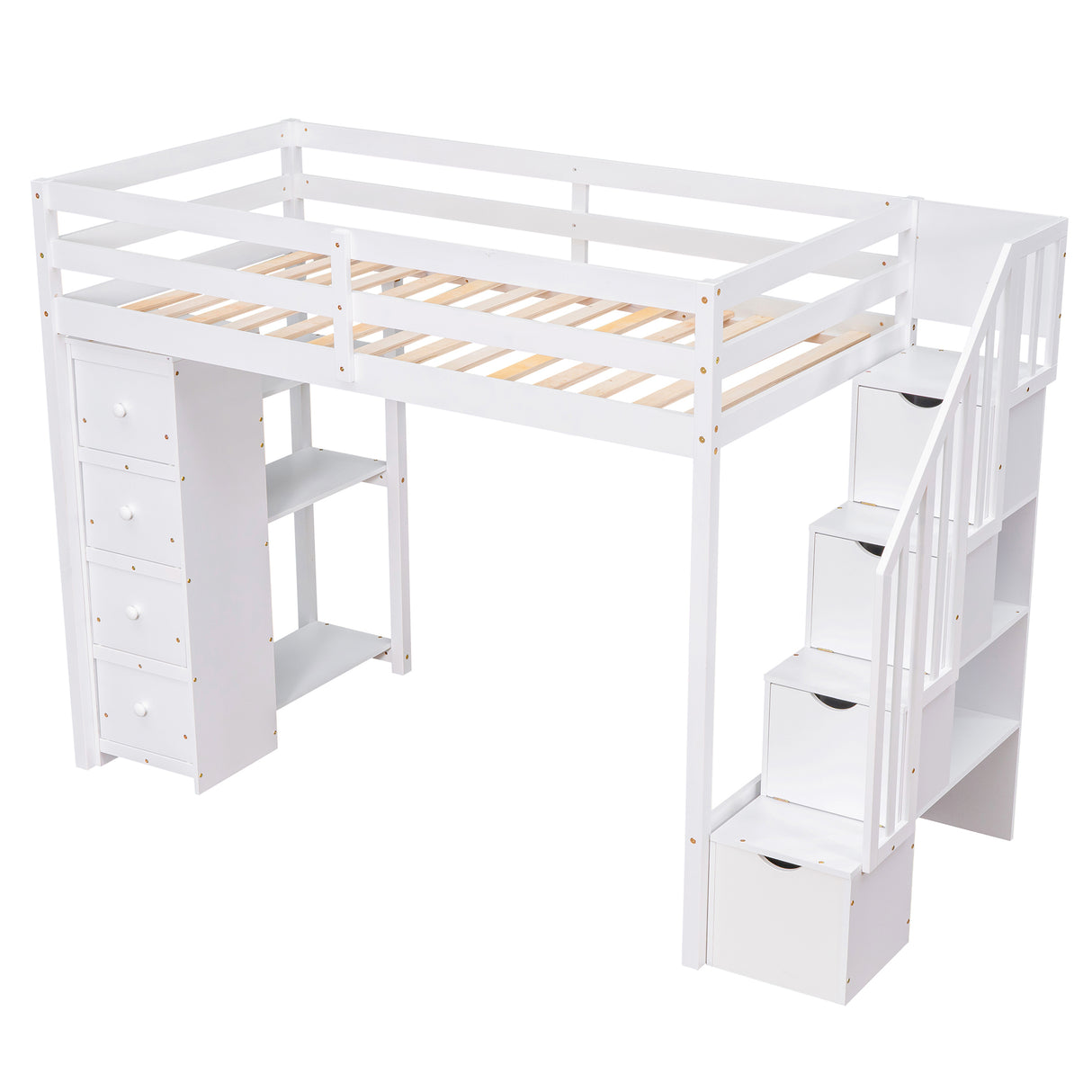 Twin size Loft Bed with Storage Drawers and Stairs, Wooden Loft Bed with Shelves - White - Home Elegance USA