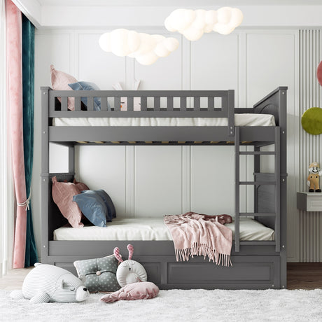 Full Over Full Bunk Bed with Twin Size Trundle, Pine Wood Bunk Bed with Guardrails, Brushed Gray(Old SKU：LP000044AAN)