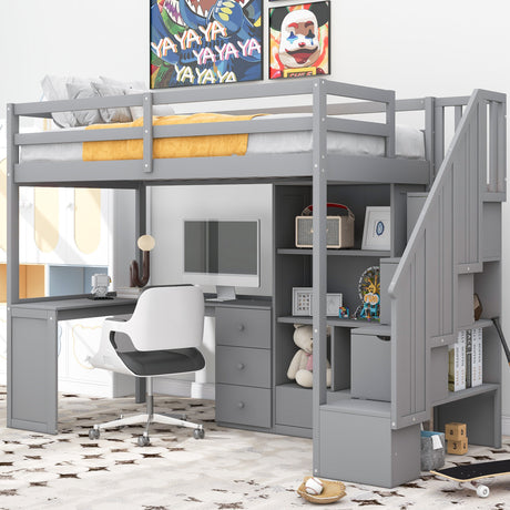 Twin Size Loft Bed with L-Shaped Desk and Drawers, Cabinet and Storage Staircase, Gray - Home Elegance USA