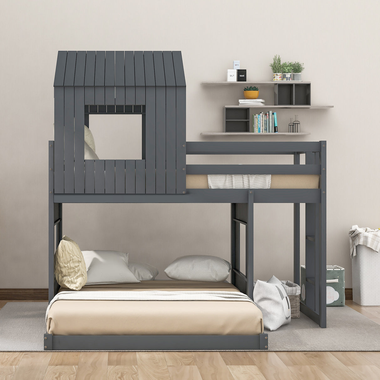 Wooden Twin Over Full Bunk Bed, Loft Bed with Playhouse, Farmhouse, Ladder and Guardrails , Gray( old sku: LP000027AAN ) - Home Elegance USA