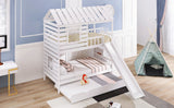 Twin over Twin House Bunk Bed with Trundle and Slide, Storage Staircase,Roof and Window Design, White - Home Elegance USA