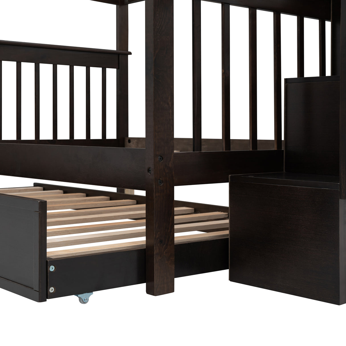 Stairway Full-Over-Full Bunk Bed with Twin size Trundle, Storage and Guard Rail for Bedroom, Dorm - Espresso(OLD SKU :LP001210AAP) - Home Elegance USA