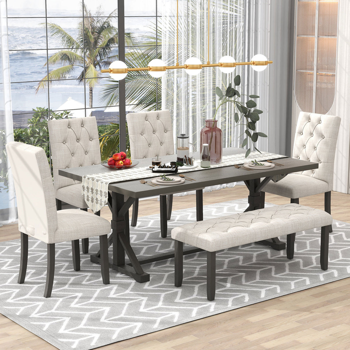 TREXM 6-Piece Farmhouse Dining Table Set 72" Wood Rectangular Table, 4 Upholstered Chairs with Bench (Gray) - Home Elegance USA