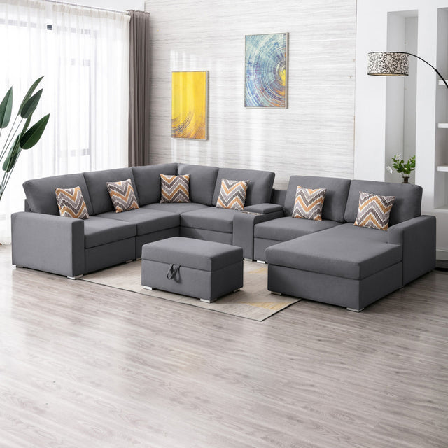 Nolan Gray Linen Fabric 8Pc Reversible Chaise Sectional Sofa with Interchangeable Legs, Pillows, Storage Ottoman, and a USB, Charging Ports, Cupholders, Storage Console Table - Home Elegance USA