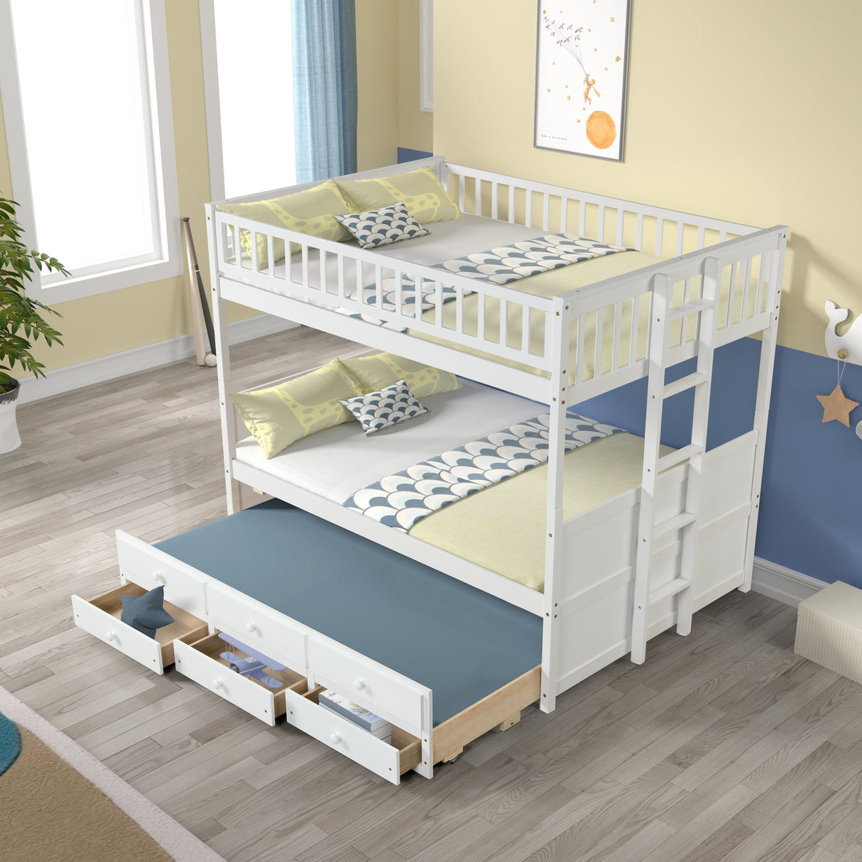 FULL OVER FULL BUNKBED WITH TWIN TRUNDLE AND 3 DRAWERS - Home Elegance USA