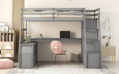 Twin Size Loft Bed with with 7 Drawers 2 Shelves and Desk - Gray