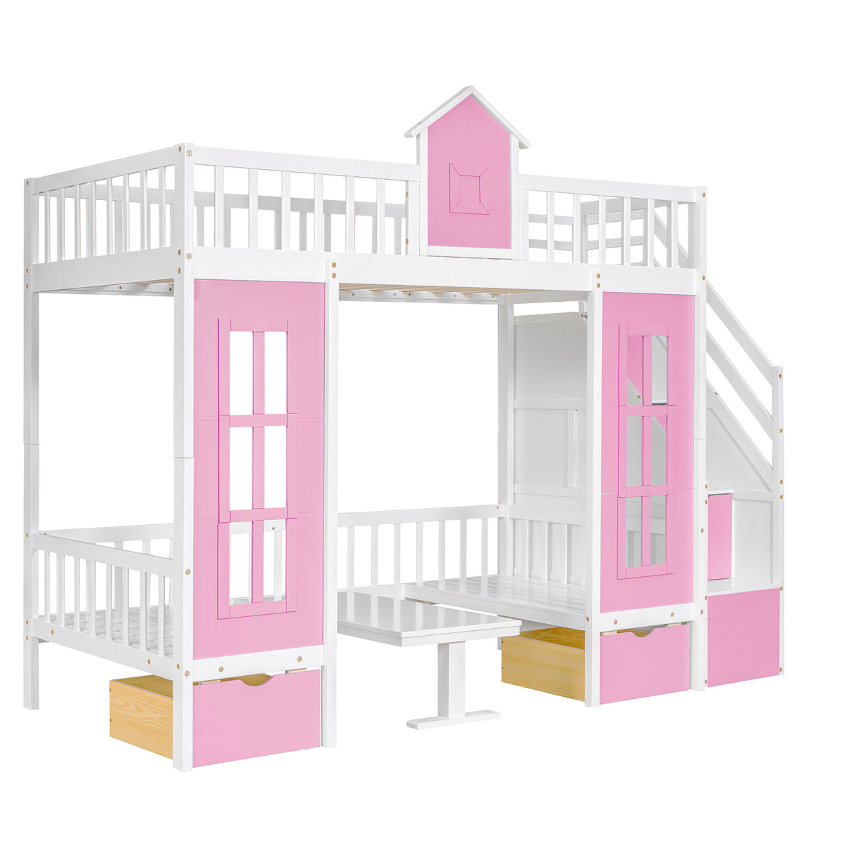 Twin-Over-Twin Bunk Bed with Changeable Table , Bunk Bed  Turn into Upper Bed and Down Desk with 2 Drawers - Pink - Home Elegance USA