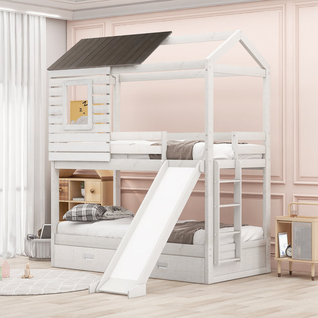 Twin Over Twin Bunk Bed with Two Storage Drawers and Slide, House-Shaped Wood Bunk Bed, Antique White (OLD SKU:LP000089AAK) - Home Elegance USA