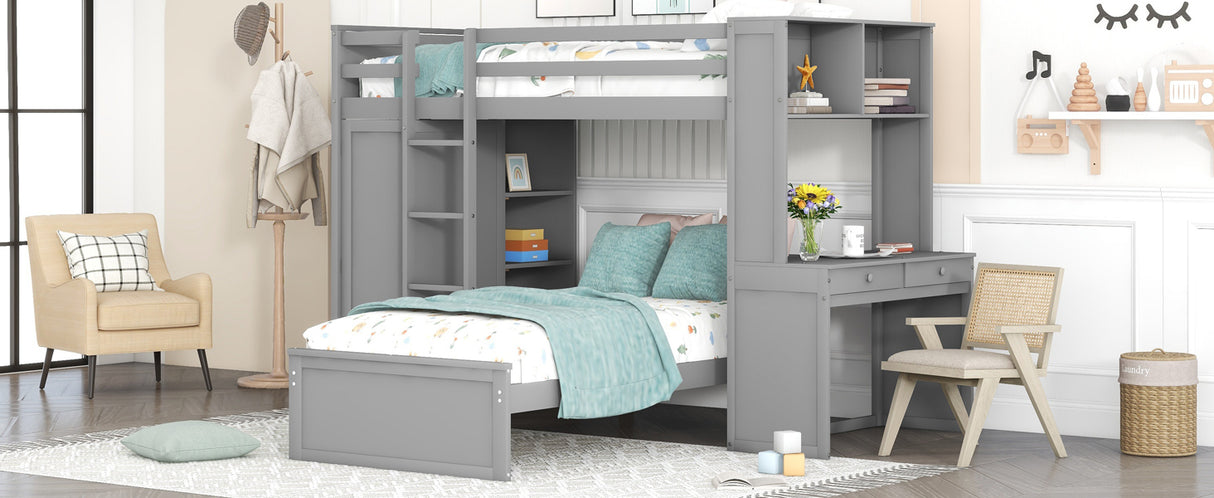 Twin size Loft Bed with a Stand-alone bed, Shelves,Desk,and Wardrobe-Gray - Home Elegance USA