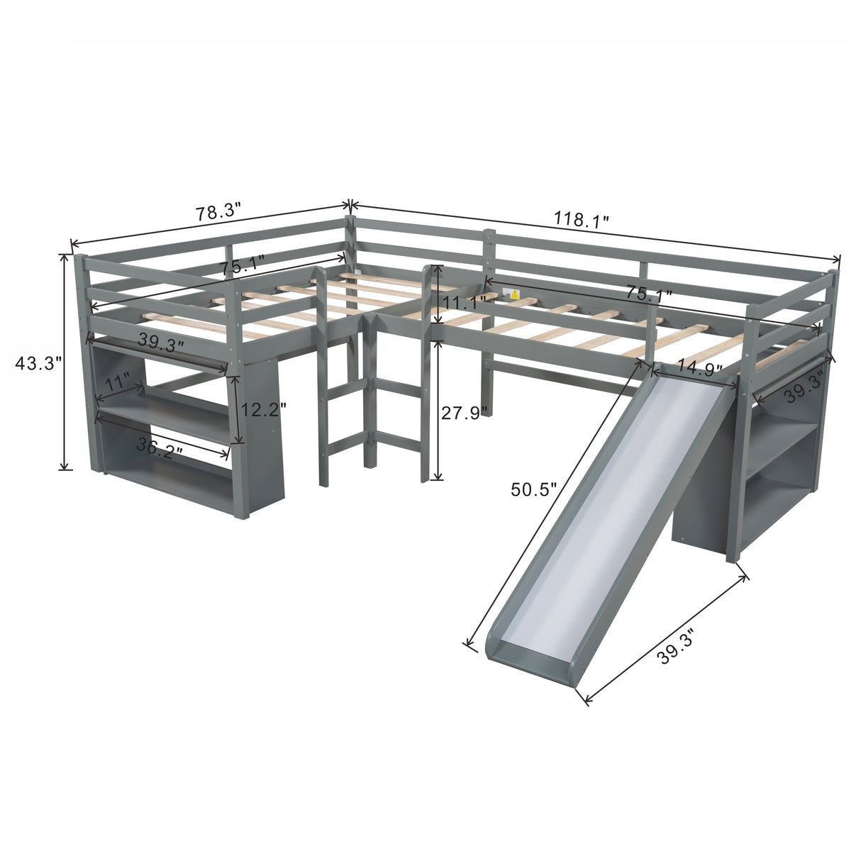 Twin Size L-Shaped Loft Bed with Movable Two-Tier Shelves and Slide,Gray - Home Elegance USA