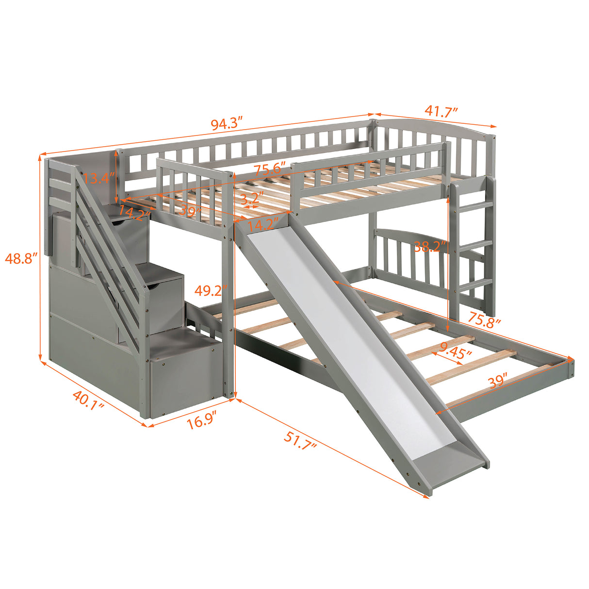 Stairway Twin over Twin Bunk Bed with Two Drawers and Slide, Gray(OLD SKU :LP000156AAE) - Home Elegance USA