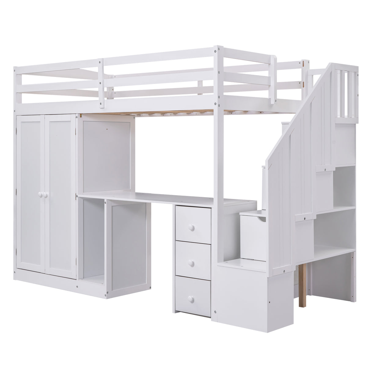 Twin Size Loft Bed with Wardrobe and Staircase, Desk and Storage Drawers and Cabinet in 1, White - Home Elegance USA