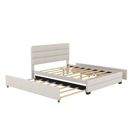 Queen Upholstered Platform Bed with Twin Size Trundle and Two Drawers, Beige - Home Elegance USA