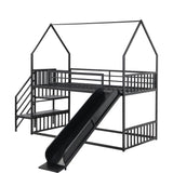 Twin Size Metal Bunk Bed House Bed with Slide and Staircase, Black