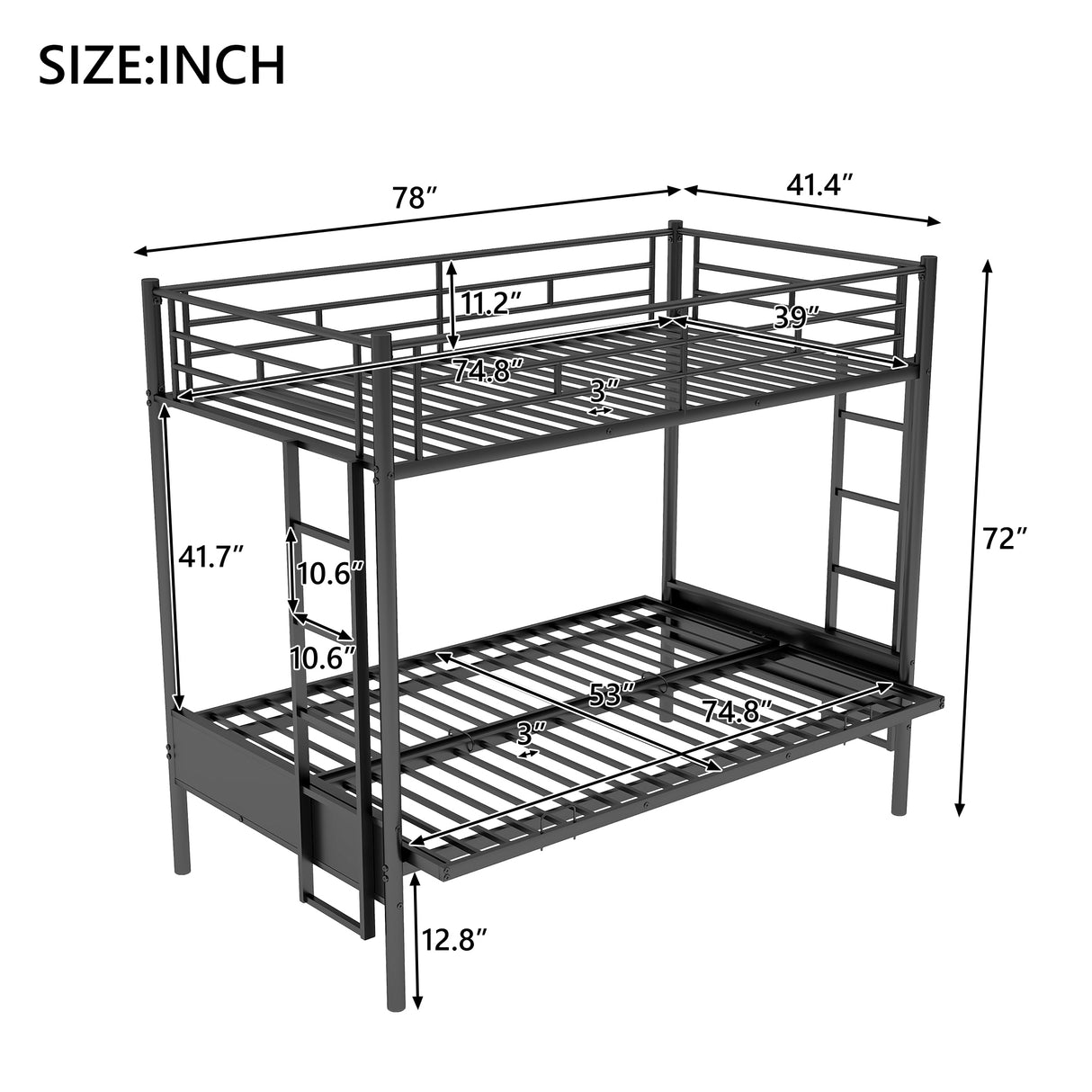 Twin over Full Metal Bunk Bed, Multi-Function,Black(OLD SKU:MF193079AAB) - Home Elegance USA