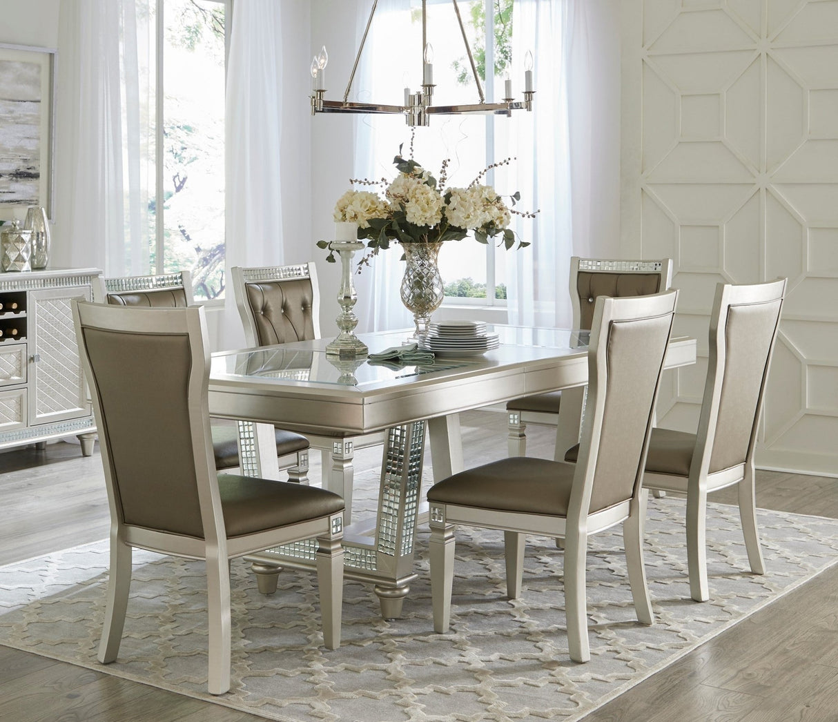 Glamorous Style Dining 7pc Set Champagne Finish Table w Leaf Glass Insert Top Upholstered Tufted 6x Side Chairs Traditional Dining Room Furniture - Home Elegance USA