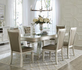 Glamorous Style Dining 7pc Set Champagne Finish Table w Leaf Glass Insert Top Upholstered Tufted 6x Side Chairs Traditional Dining Room Furniture - Home Elegance USA