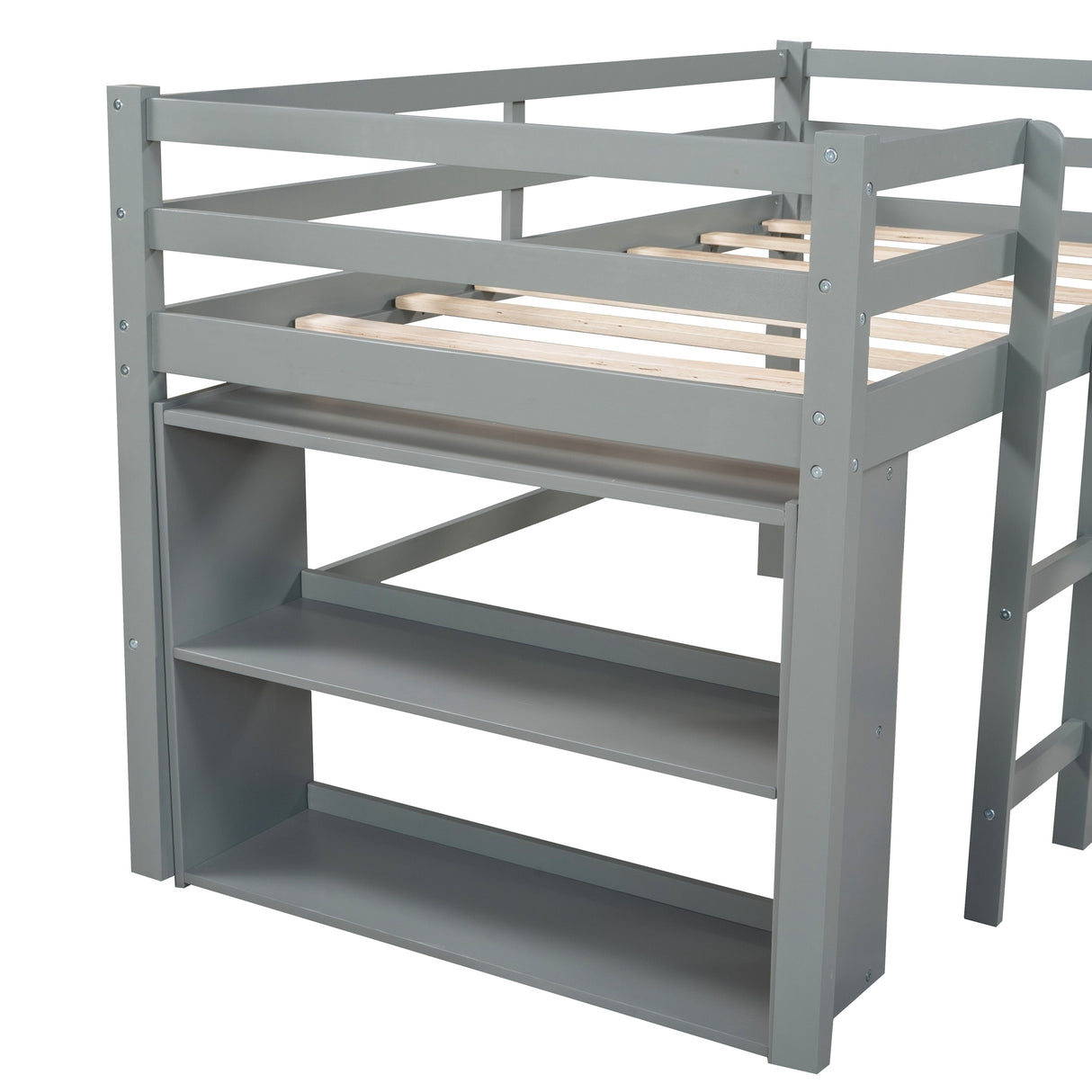 Twin Size L-Shaped Loft Bed with Movable Two-Tier Shelves and Slide,Gray - Home Elegance USA