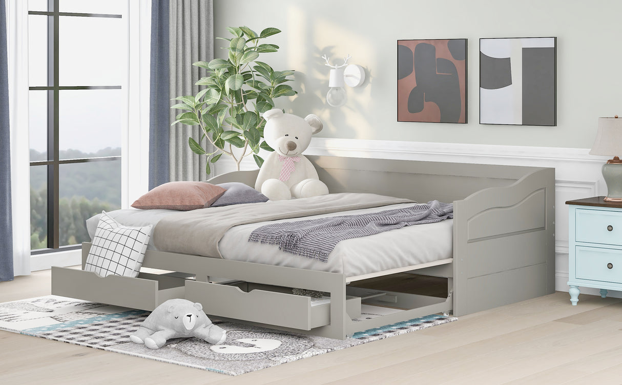 Wooden Daybed with Trundle Bed and Two Storage Drawers , Extendable Bed Daybed,Sofa Bed with Two Drawers, Gray