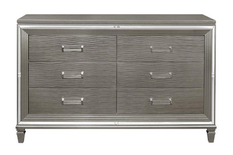 Tamsin 1616-5 Dresser by Homelegance | Silver-Gray Metallic Finish & Mirrored Framing | Hidden Jewelry Drawers
