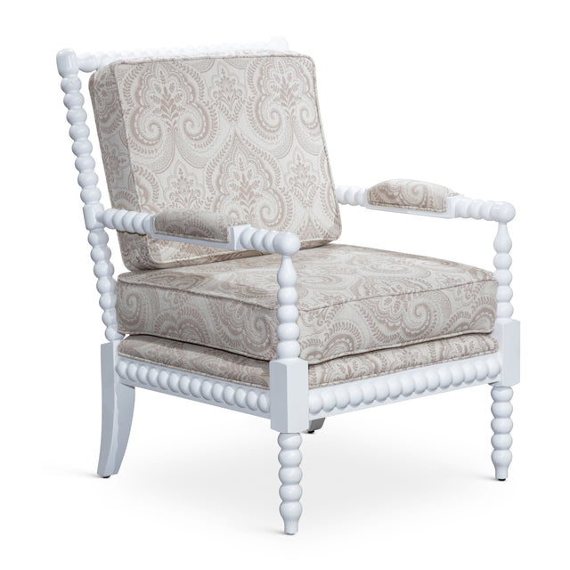 Spindle Chair, White Finish, Taupe Paisley Fabric - Home Elegance USA