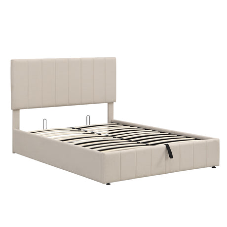 Full size Upholstered Platform bed with a Hydraulic Storage System - Beige - Home Elegance USA