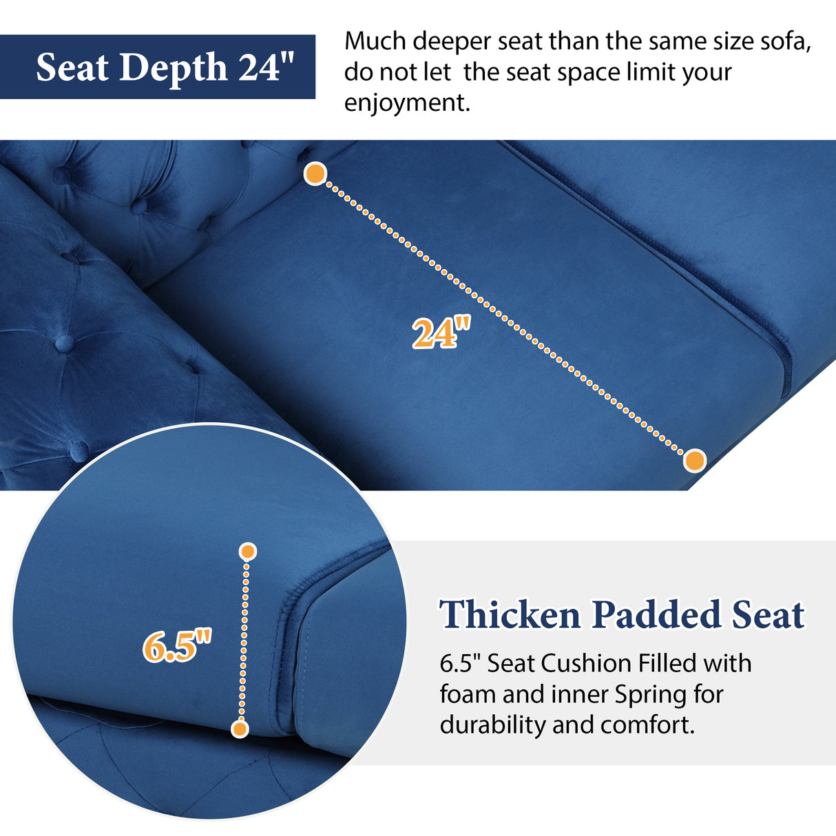 85.5" Velvet Upholstered Sofa with Sturdy Metal Legs,Modern Sofa Couch with Button Tufted Back, 3 Seater Sofa Couch for Living Room,Apartment,Home Office,Blue - SG000603AAC - image - 5