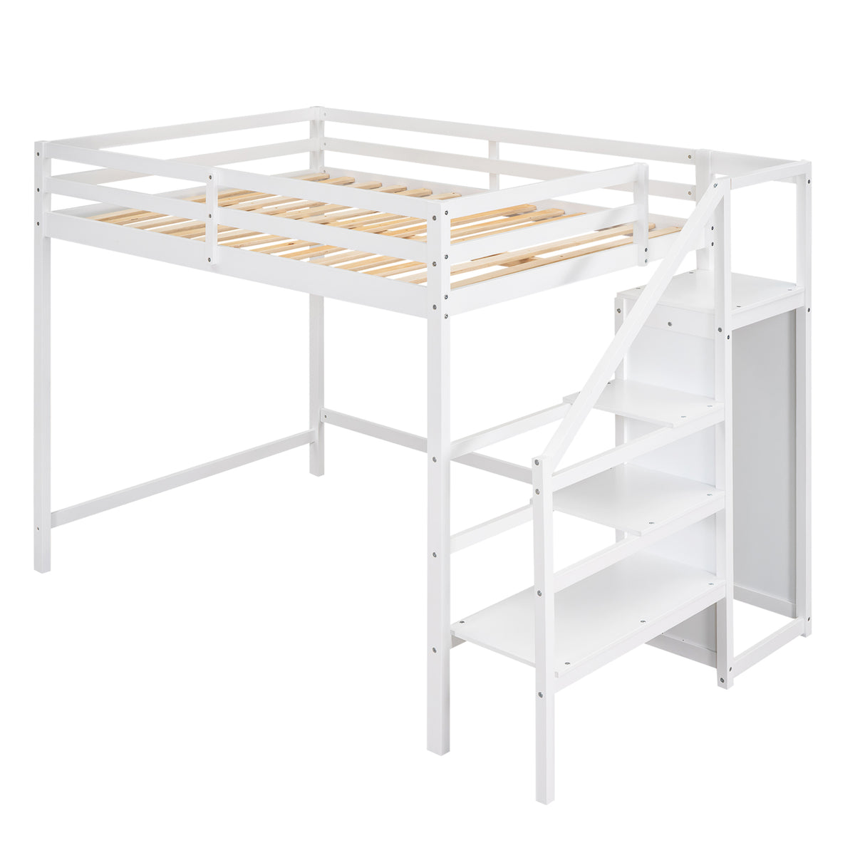 Full Size Loft Bed with Built-in Storage Wardrobe and Staircase,White - Home Elegance USA