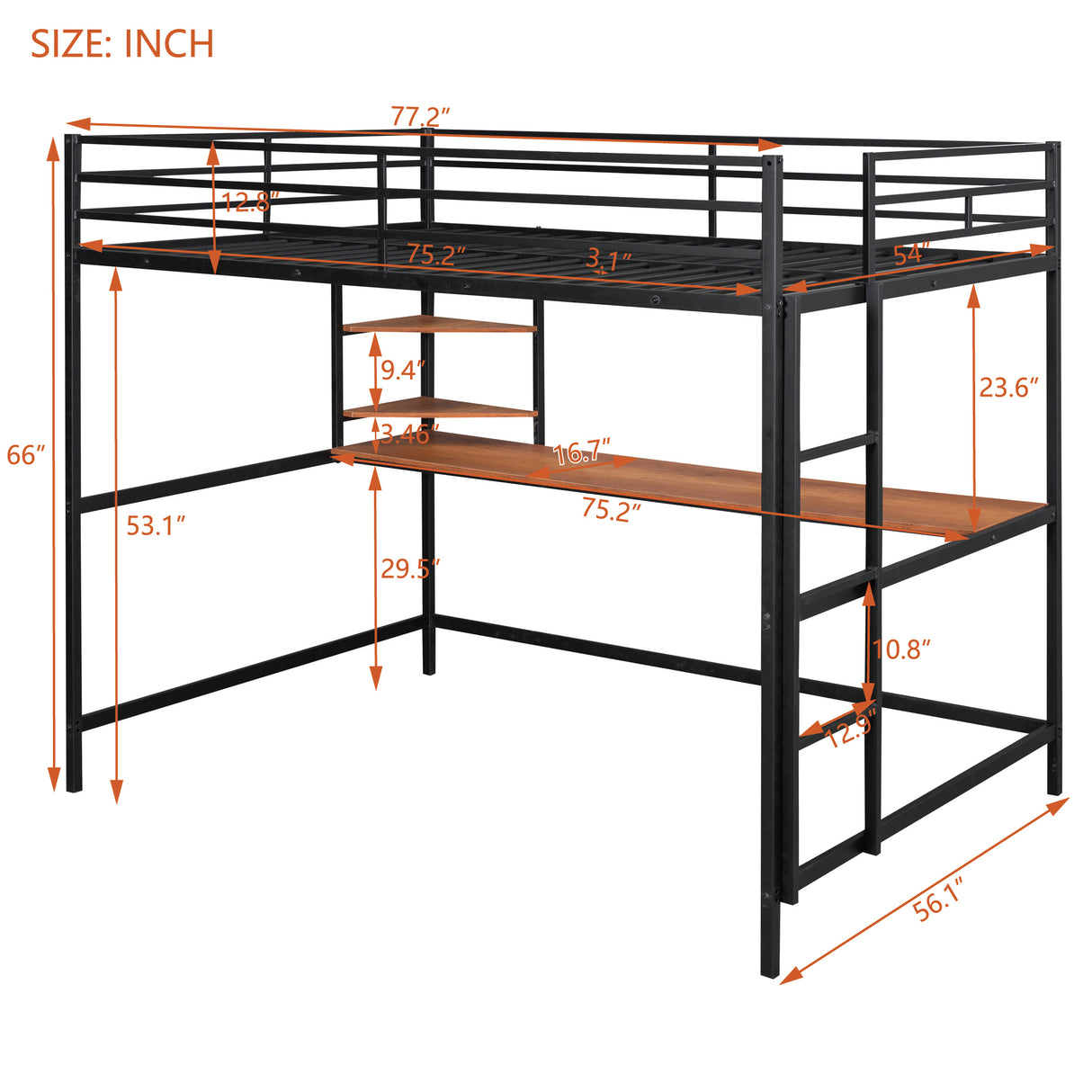 Full Metal Loft Bed with Desk and Shelve, Black - Home Elegance USA