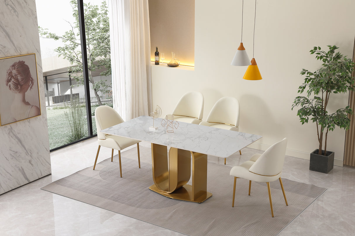 71" Contemporary Dining Table in Gold with Sintered Stone Top and  U shape Pedestal Base in Gold finish - Home Elegance USA