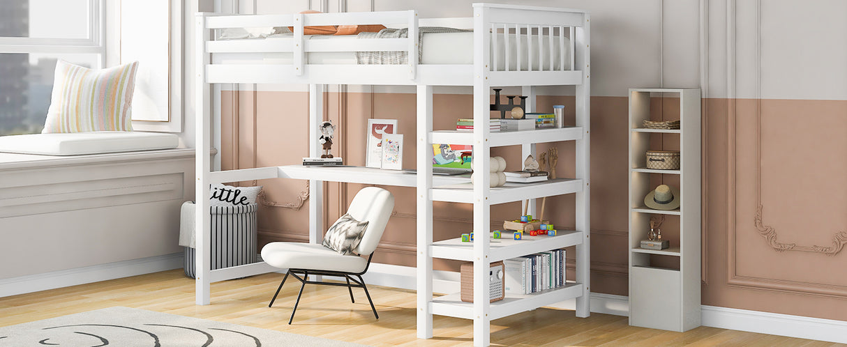 Twin Size Loft Bed with Storage Shelves and Under-bed Desk, White - Home Elegance USA