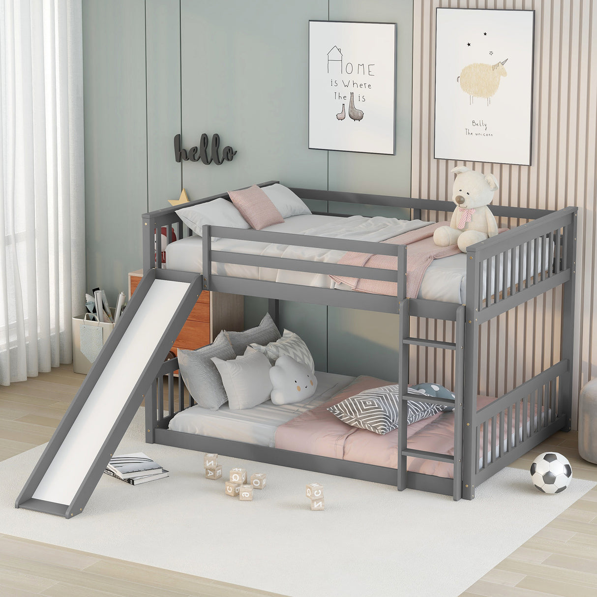 Full over Full  bunk bed with Slide - Home Elegance USA