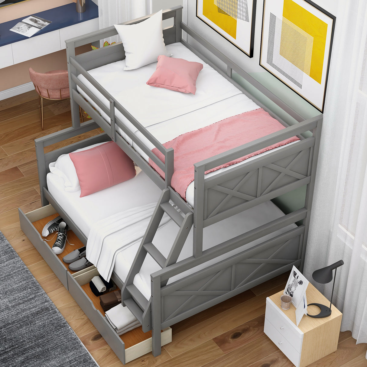 Twin over Full Bunk Bed with Ladder, Two Storage Drawers, Safety Guardrail, Gray - Home Elegance USA