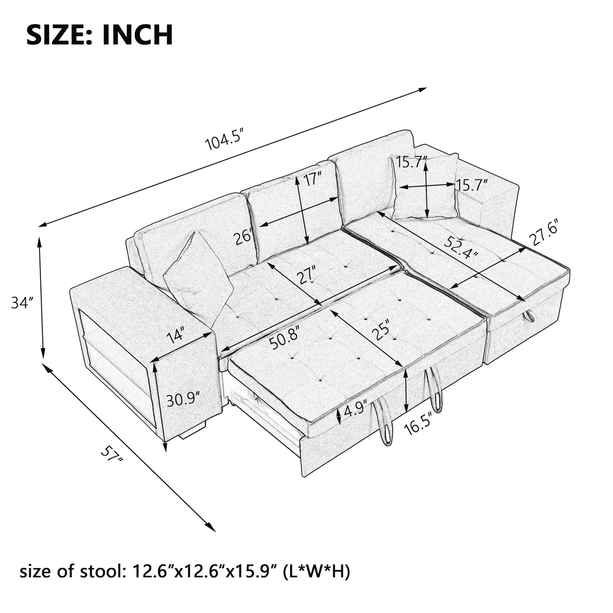 104" Pull Out Sleeper Sofa Reversible L - Shape 3 Seat Sectional Couch with Storage Chaise and 2 Stools for Living Room Furniture Set,Gray - SG000430AAE - image - 2