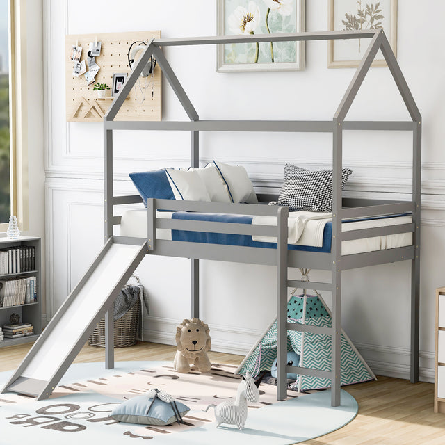 Twin Loft Bed with Slide, House Bed with Slide,Gray(OLD SKU :WF286245AAE) - Home Elegance USA