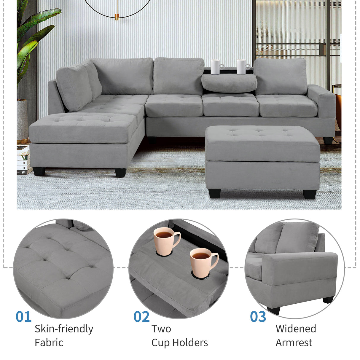 Orisfur. Modern Sectional Sofa with Reversible Chaise, L Shaped  Couch Set with Storage Ottoman and Two Cup Holders for Living Room - Home Elegance USA